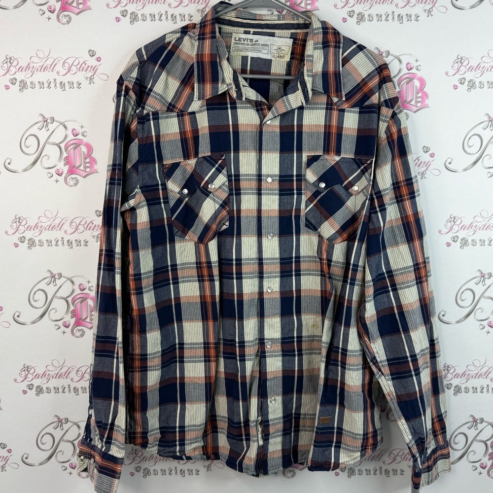 Levi's button down plaid shirt top stripes Men's Navy and Orange Plaid Shirt